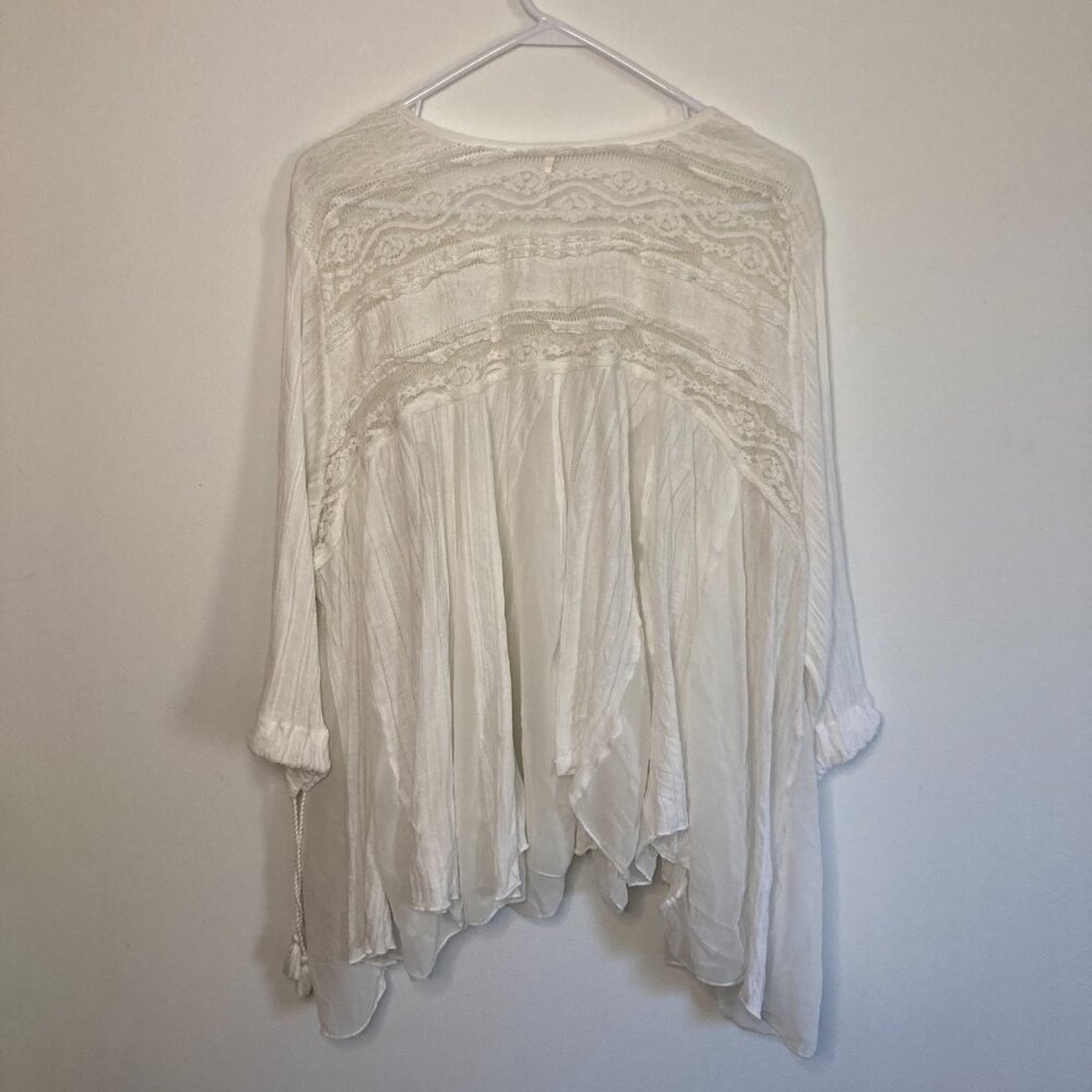 Free People Boho Lace-Trim Cream Sheer Tunic - Size Medium - Picture 2 of 9